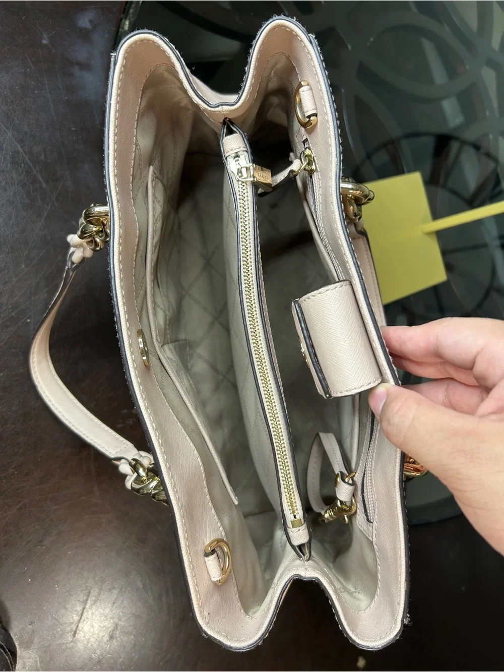 Michael Kors Cynthia Medium Saffiano Leather Tote Bag Powder Pink Chain Charm